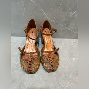Bronx Brown Leather Woven Peep-Toe Heels with Turquoise & Yellow Embroidery